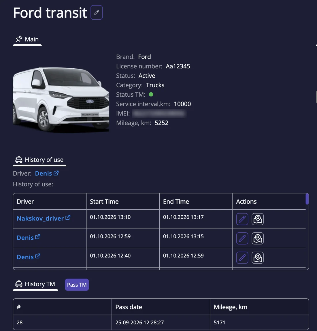 Vehicle card with driver history in IFAPP
